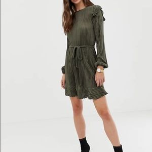 ASOS Plisse Khaki Ruffle Sleeve Mini Dress